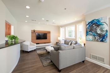 A living room with a grey couch and a painting on the wall at The Morgan Apartment Homes, North Bethesda, 20852